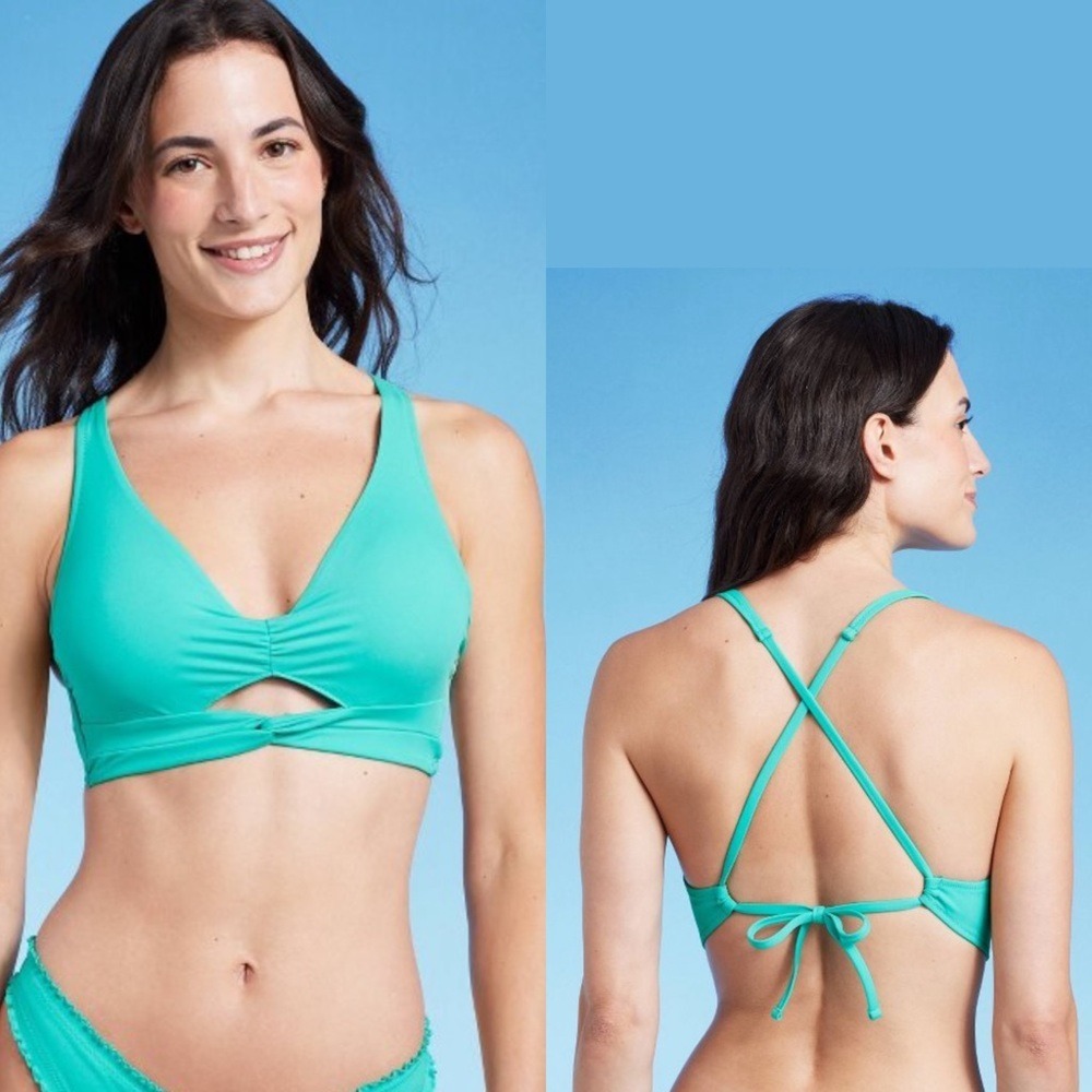 Shade & Shore 34C Teal Twisted Keyhole Longline Bralette Tie Back Bikini‎ Top